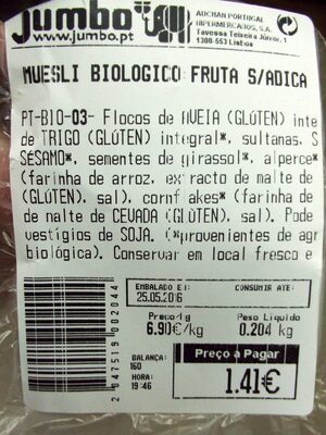 Muesli Biológico Fruta S/Adição